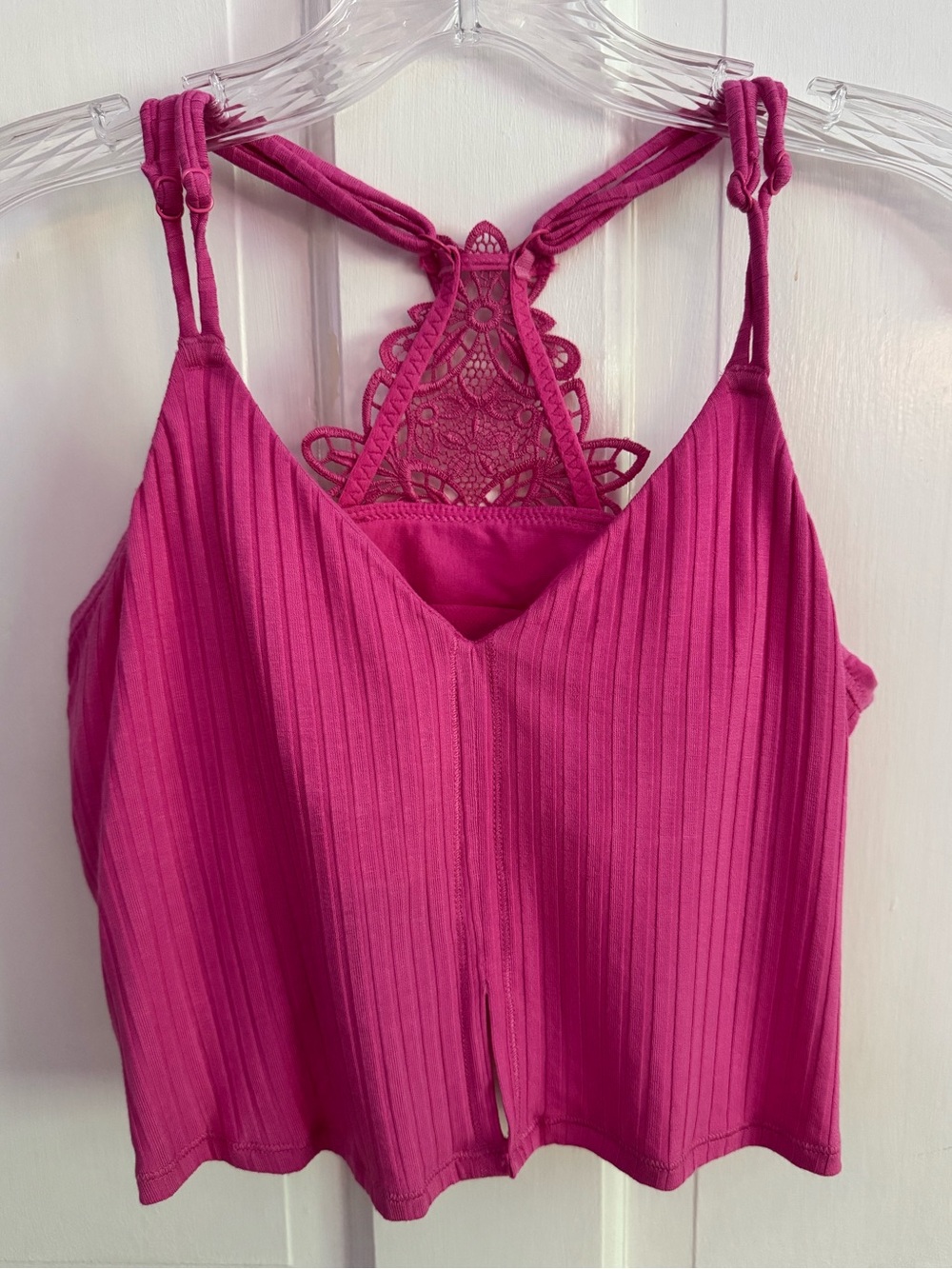 aerie Women’s Pink Racerback Ribbed Lace Cami Crop with Built in Bra,Size Medium